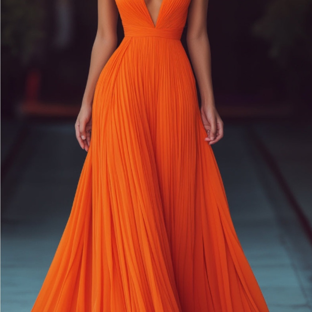 Sleeveless Orange Plunging V-Neck Maxi Dress